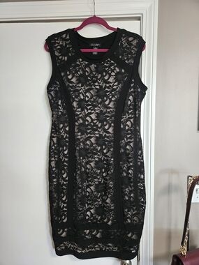 Black Lace Dress Nude Lined Sheath Sleeveless Sequin Detail